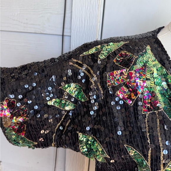 Vintage Black Sequin Silk Cardigan with Green Floral Sequin Accents - Picture 2 of 11